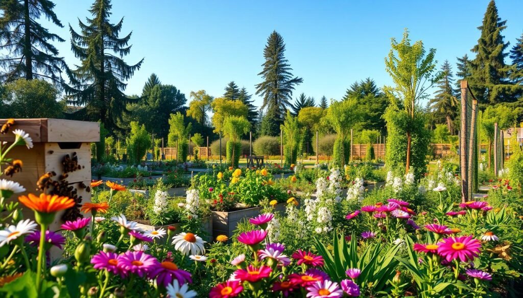 A lush community garden in vibrant bloom, with a diverse array of pollinator-friendly flowers and plants. The foreground features a thriving beehive, its inhabitants busily pollinating the surrounding flora. In the middle ground, neatly organized raised beds overflow with an abundance of fruits, vegetables, and herbs, creating a verdant and productive scene. The background is framed by tall, mature trees and a clear, azure sky, lending a sense of tranquility and connection to nature. Soft, diffused lighting casts a warm, golden glow, highlighting the intricate details of the flowers and the busy pollinators. The overall composition conveys a harmonious balance between human cultivation and the natural ecosystem, showcasing how community gardens can support thriving apiaries and bee populations. A lush community garden in vibrant bloom, with a diverse array of pollinator-friendly flowers and plants. The foreground features a thriving beehive, its inhabitants busily pollinating the surrounding flora. In the middle ground, neatly organized raised beds overflow with an abundance of fruits, vegetables, and herbs, creating a verdant and productive scene. The background is framed by tall, mature trees and a clear, azure sky, lending a sense of tranquility and connection to nature. Soft, diffused lighting casts a warm, golden glow, highlighting the intricate details of the flowers and the busy pollinators. The overall composition conveys a harmonious balance between human cultivation and the natural ecosystem, showcasing how community gardens can support thriving apiaries and bee populations.