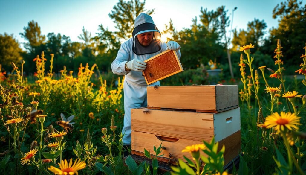 A lush green garden in the foreground features a split beehive, showcasing two active sections. Honeybees buzz around, with some entering and exiting the hive. In the middle ground, a beekeeping expert, dressed in protective gear, carefully inspects the split hive, lifting a frame filled with golden honeycomb. The setting sun casts a warm golden glow, creating soft shadows that enhance the textures of the hive and the natural surroundings. In the background, vibrant wildflowers and trees frame the scene, while a clear blue sky adds to the serene, productive atmosphere of a typical beekeeping day. The overall mood is calm, instructional, and focused on the art of beekeeping. A lush green garden in the foreground features a split beehive, showcasing two active sections. Honeybees buzz around, with some entering and exiting the hive. In the middle ground, a beekeeping expert, dressed in protective gear, carefully inspects the split hive, lifting a frame filled with golden honeycomb. The setting sun casts a warm golden glow, creating soft shadows that enhance the textures of the hive and the natural surroundings. In the background, vibrant wildflowers and trees frame the scene, while a clear blue sky adds to the serene, productive atmosphere of a typical beekeeping day. The overall mood is calm, instructional, and focused on the art of beekeeping.