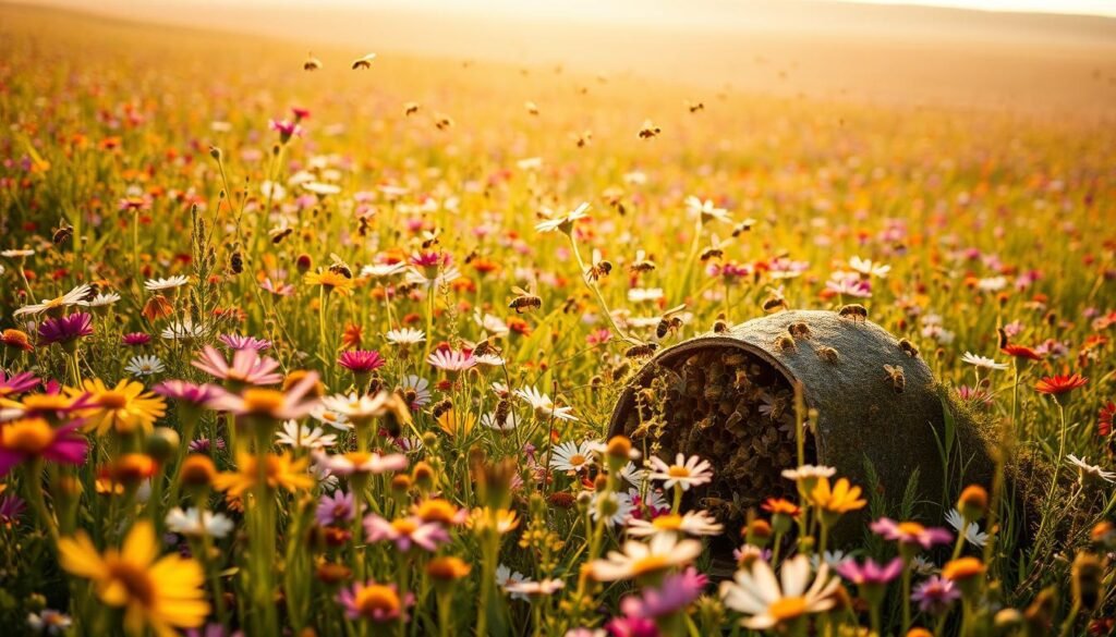 A lush meadow blanketed in vibrant wildflowers, their petals swaying gently in the warm breeze. Amidst the floral tapestry, a swarm of bees frantically buzz, their wings a blur as they desperately cling to the rapidly diminishing nectar sources. The once-bustling hive lies dejected, its inhabitants struggling to find sustenance in the sea of monotonous monoculture crops that stretch endlessly towards the horizon. Soft, golden light filters through the scene, casting a somber, elegiac tone that underscores the ecological imbalance. Detailed close-ups reveal the bees' exhausted, pollen-dusted bodies, a poignant testament to the devastating impact of industrial agriculture on these vital pollinators.