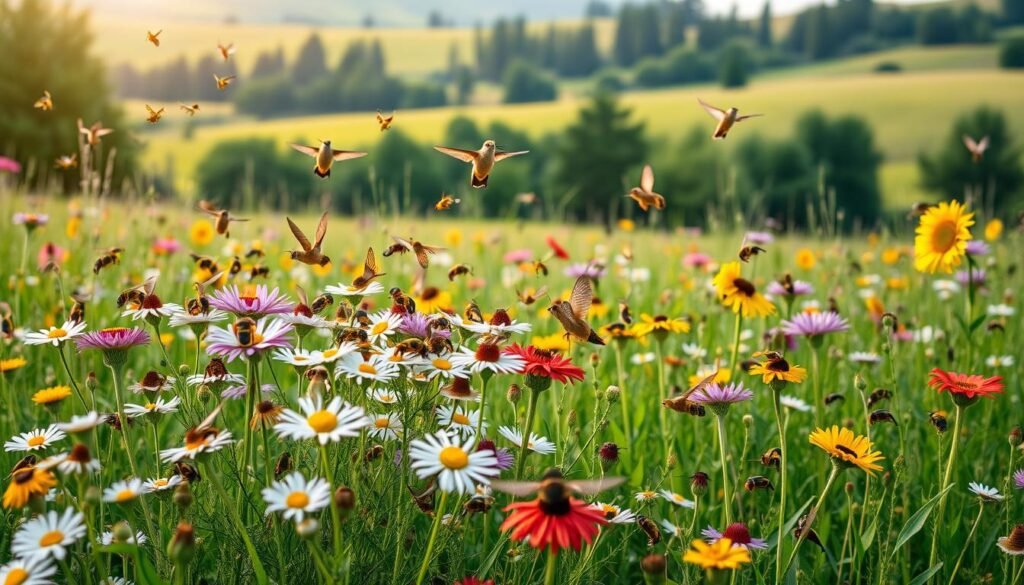 A lush meadow teeming with vibrant pollinators, captured in a soft, warm light. In the foreground, a cluster of diverse flowers - from delicate daisies to bold sunflowers - attract a symphony of buzzing bees, fluttering butterflies, and hovering hummingbirds, their wings a blur of movement. In the middle ground, a verdant landscape unfolds, with rolling hills and towering trees providing a natural backdrop. The scene conveys a sense of harmony and balance, where nature's pollinators thrive, showcasing the importance of their role in maintaining a healthy ecosystem. Captured through a wide-angle lens, the image presents a holistic and immersive view of the pollinator's world, inviting the viewer to appreciate the wonder and fragility of these vital creatures. A lush meadow teeming with vibrant pollinators, captured in a soft, warm light. In the foreground, a cluster of diverse flowers - from delicate daisies to bold sunflowers - attract a symphony of buzzing bees, fluttering butterflies, and hovering hummingbirds, their wings a blur of movement. In the middle ground, a verdant landscape unfolds, with rolling hills and towering trees providing a natural backdrop. The scene conveys a sense of harmony and balance, where nature's pollinators thrive, showcasing the importance of their role in maintaining a healthy ecosystem. Captured through a wide-angle lens, the image presents a holistic and immersive view of the pollinator's world, inviting the viewer to appreciate the wonder and fragility of these vital creatures.