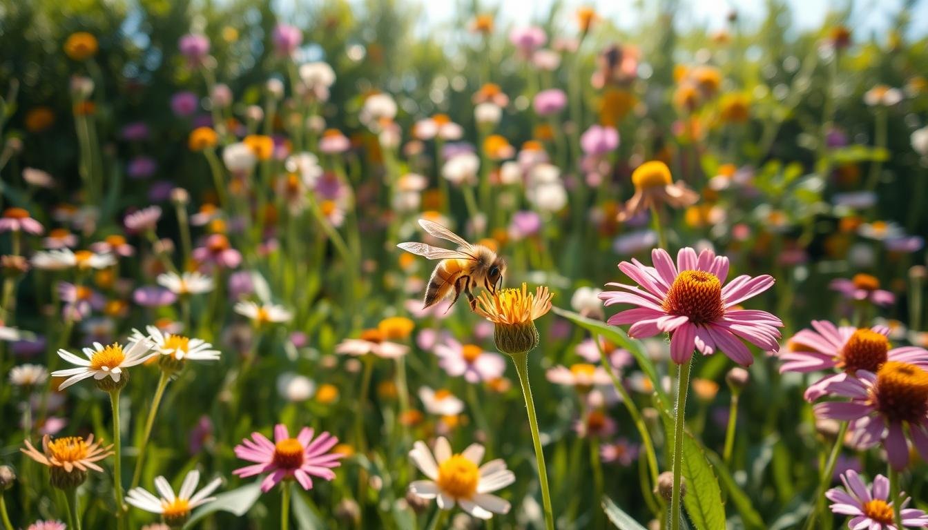 A sunlit meadow with wildflowers where bumblebees and honeybees forage together