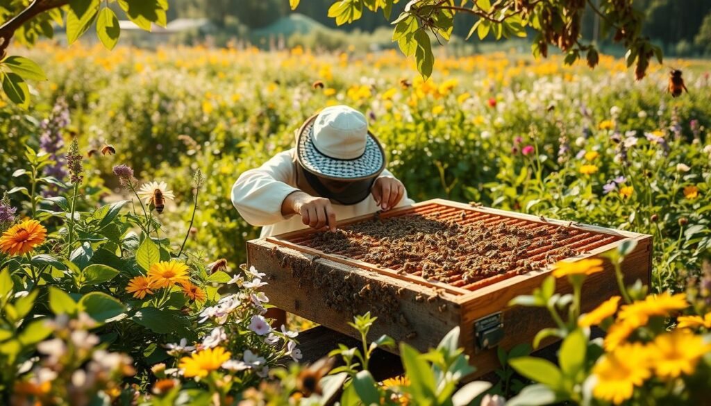 A lush, thriving honey bee colony surrounded by various integrated pest management strategies. In the foreground, natural pest deterrents such as herbs, flowers, and beneficial insects are strategically placed. The middle ground depicts a beekeeper carefully examining a frame, applying targeted, eco-friendly pest control measures. In the background, a diverse, pesticide-free landscape provides ample floral resources for the bees. The scene is bathed in warm, golden lighting, conveying a sense of balance and harmony between beekeeping practices and the natural environment.