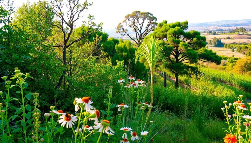 A lush, thriving windbreak habitat filled with diverse native trees and shrubs, providing shelter and food for pollinators. In the foreground, clusters of flowering plants sway gently in a warm, soft light, their petals inviting bees and butterflies to alight. In the middle ground, a mix of deciduous and evergreen trees stand tall, their branches intertwined, creating a layered, protective canopy. In the background, the horizon is dotted with rolling hills, hinting at the wider landscape that this windbreak habitat is a part of. The overall scene radiates a sense of harmony, balance, and abundant biodiversity, capturing the essence of a well-designed windbreak that benefits both crops and pollinator populations.