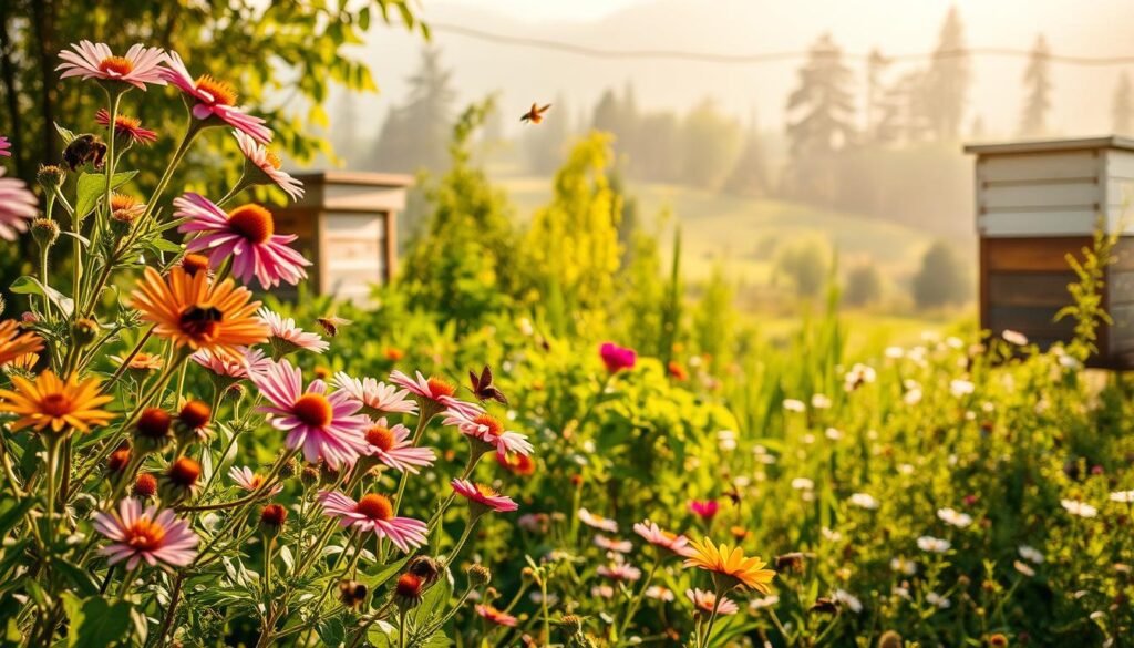 A lush, verdant community garden filled with diverse flora and fauna. In the foreground, a cluster of blooming flowers in vibrant hues, their delicate petals gently swaying as pollinators - bees and butterflies - dart from blossom to blossom, their movements captured in a soft, ethereal blur. The middle ground showcases a thriving apiary, its wooden hives nestled among the greenery, a symbol of the harmonious relationship between humans, plants, and their pollinators. In the background, a hazy, sun-dappled landscape, with rolling hills and towering trees, creating a sense of balance and tranquility. The lighting is warm and diffused, casting a golden glow over the entire scene, emphasizing the natural beauty and symbiosis of this pesticide-smart, pollinator-friendly garden. A lush, verdant community garden filled with diverse flora and fauna. In the foreground, a cluster of blooming flowers in vibrant hues, their delicate petals gently swaying as pollinators - bees and butterflies - dart from blossom to blossom, their movements captured in a soft, ethereal blur. The middle ground showcases a thriving apiary, its wooden hives nestled among the greenery, a symbol of the harmonious relationship between humans, plants, and their pollinators. In the background, a hazy, sun-dappled landscape, with rolling hills and towering trees, creating a sense of balance and tranquility. The lighting is warm and diffused, casting a golden glow over the entire scene, emphasizing the natural beauty and symbiosis of this pesticide-smart, pollinator-friendly garden.