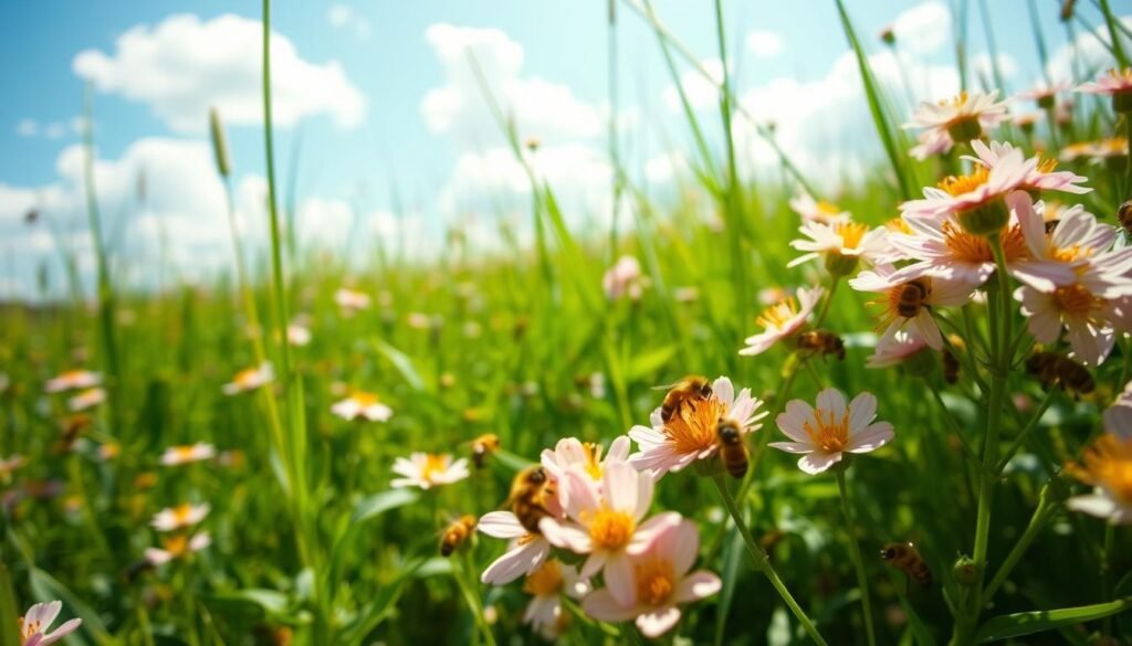 A lush, verdant field under a bright, sun-dappled sky. In the foreground, delicate flowers sway gently in a light breeze, their petals a vibrant tapestry of colors. Amidst the blooms, a swarm of industrious bees dart from blossom to blossom, their fuzzy bodies covered in pollen as they diligently gather nectar. The camera captures this scene from a low, ground-level angle, creating a sense of immersion and scale, highlighting the intricate dance between the pollinators and their floral partners. The overall mood is one of natural harmony and the vital interconnectedness of living systems.