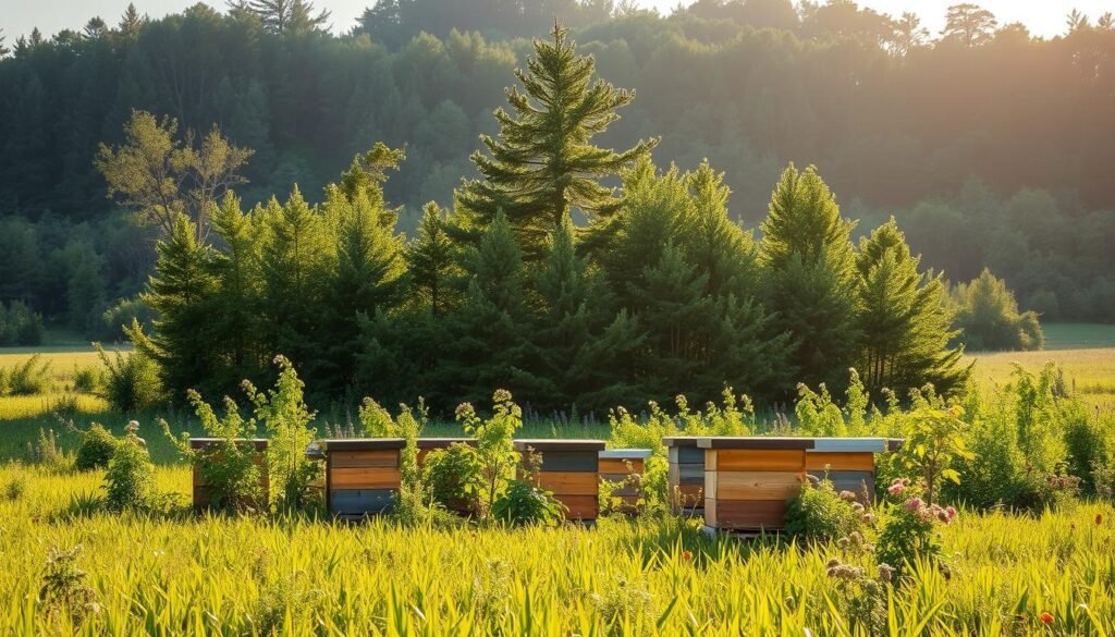 A lush, verdant field with a dense, towering windbreak in the middle ground, composed of a variety of native evergreen and deciduous trees and shrubs. The windbreak creates a sense of shelter and protection, with its branches swaying gently in a light breeze. In the foreground, a well-tended apiary with several wooden beehives, surrounded by a diverse array of flowering plants that attract pollinators. Warm, diffused sunlight filters through the windbreak, creating a peaceful, tranquil atmosphere. The scene is captured from a low angle, emphasizing the scale and grandeur of the windbreak, and its role in shielding the apiary from the elements. The overall composition conveys the importance of thoughtfully designed windbreaks in safeguarding honey production and bee populations.