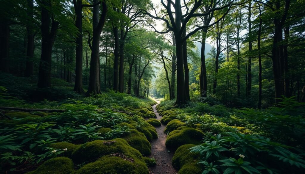 A lush, verdant forest stretching out before the viewer, sunlight filtering through the canopy of towering, ancient trees. The foreground is a thick, mossy undergrowth, dotted with ferns and wildflowers. In the middle distance, a winding path leads deeper into the woods, inviting exploration. The background is a tapestry of deeper greens and browns, with hints of distant mountains peeking through the foliage. The atmosphere is serene and tranquil, with a sense of timelessness and natural harmony. Captured with a wide-angle lens to convey the vastness and grandeur of this biome, the image evokes a sense of wonder and the importance of preserving these critical ecosystems.