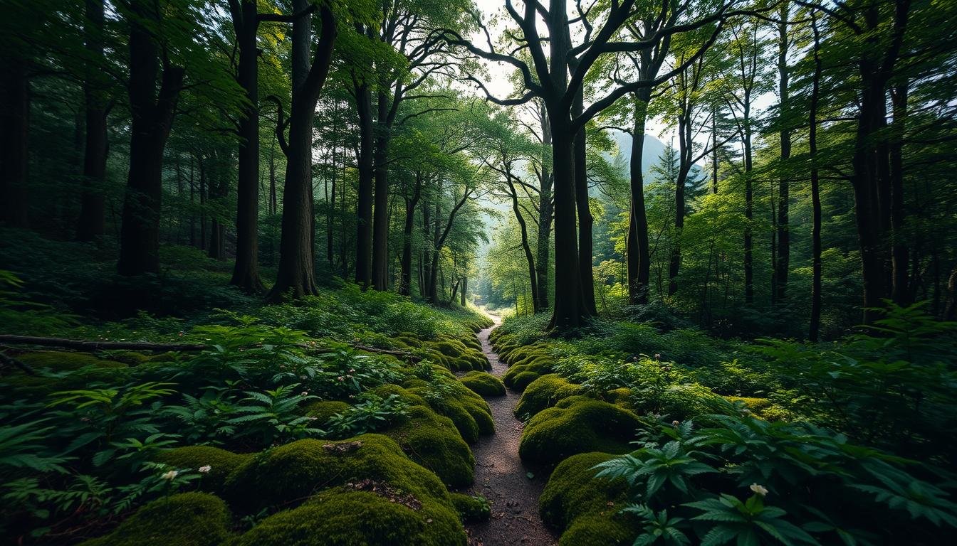 Sunlight filtering through an old-growth forest canopy, representing the tree-cavity nesting habitat loss that contributed to the German dark bee's historical decline