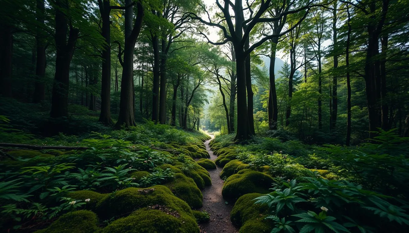 Sunlight filtering through an old-growth forest canopy, representing the tree-cavity nesting habitat loss that contributed to the German dark bee's historical decline