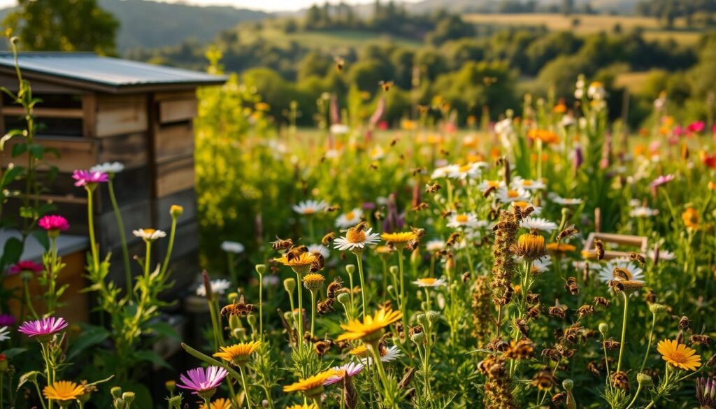 A lush, verdant garden filled with diverse flowering plants, their petals swaying gently in the breeze. In the foreground, a well-designed apiary stands, its wooden structures and metal roofing blending seamlessly with the natural surroundings. Carefully placed bee-friendly plants and herbs create a bountiful forage area, attracting a swarm of busy honeybees that flit from bloom to bloom, their golden bodies shimmering in the warm, golden-hour sunlight. In the background, a rolling landscape of hills and trees provides a picturesque, serene backdrop, hinting at the larger ecosystem in which this climate-resilient beekeeping site is situated. The scene conveys a sense of harmony, sustainability, and the vital role of bees in a thriving, biodiverse environment.