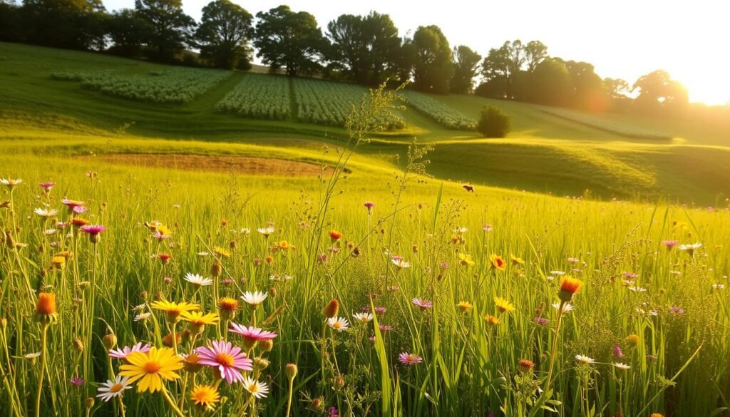 A lush, verdant meadow bathed in warm, golden sunlight. In the foreground, a diverse array of wildflowers bloom in vibrant hues, their petals swaying gently in a soft breeze. The middle ground features rolling hills dotted with patches of clover and other nectar-rich plants, creating a patchwork of forage opportunities for foraging bees. In the distance, a line of trees defines the horizon, their branches casting dappled shadows across the landscape. The scene conveys a sense of abundance and seasonal change, reflecting the dynamic nature of forage availability for pollinating insects.