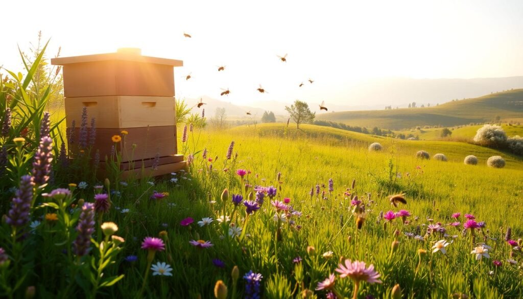 A lush, verdant meadow bathed in warm, golden sunlight. In the foreground, a magnificent, towering beehive nestled amongst a profusion of vibrant wildflowers - lavender, honeysuckle, and clover. Surrounding the hive, a swarm of industrious honeybees dart and hover, their iridescent wings catching the rays of the sun. In the middle ground, rolling hills dotted with clusters of blooming trees and shrubs, their nectar-rich blossoms a prime source for the honey bees. The background fades into a hazy, atmospheric landscape, with distant mountains and a cloudless azure sky. The scene exudes a sense of harmony, abundance, and the essential connection between the natural world and the precious gift of honey.