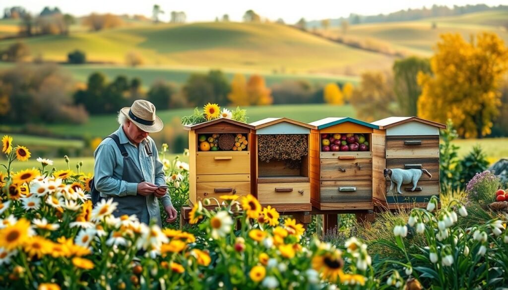 A lush, vibrant beekeeper’s garden across four distinct seasons is captured in this image, illustrating seasonal hive timing. In the foreground, a beekeeper in modest casual clothing inspects a beehive surrounded by blooming flowers—daisies for spring, sunflowers for summer, chrysanthemums for autumn, and snowdrops for winter. The middle section features four beehives, each styled to reflect the characteristics of its season, adorned with elements like fresh honeycombs, bees busily working, and seasonal fruits scattered nearby. In the background, rolling hills show a gradual transition from green pastures to autumn foliage and winter frost. Soft, natural sunlight filters through the trees, creating a warm, inviting atmosphere, with a focus on the harmony of nature and the beekeeping lifestyle. The image is composed with a shallow depth of field, bringing the beekeeper and hives into sharp focus against the picturesque seasonal backdrop.