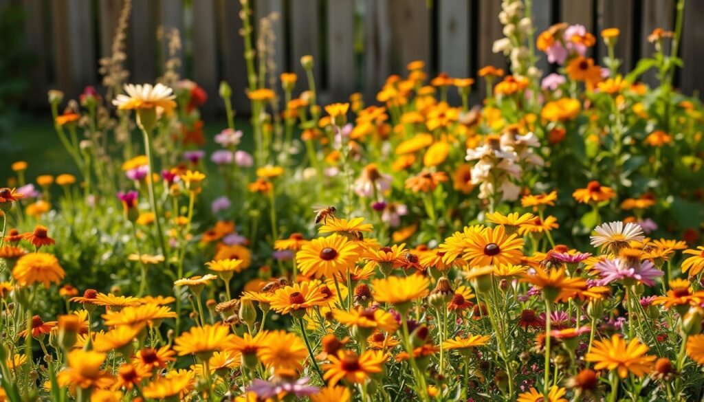 A lush, vibrant garden bursting with a diverse array of flowering plants, perfectly suited to attract and nourish a thriving community of honeybees and other pollinators. In the foreground, a bountiful array of native blooms in warm, inviting hues sway gently in a soft breeze, their delicate petals beckoning to the buzzing insects. The middle ground features a mix of low-growing ground covers and taller perennials, creating a layered, visually compelling landscape. In the background, a wooden fence or trellis serves as a natural backdrop, framing the scene with a touch of rustic charm. Warm, diffused lighting illuminates the scene, casting a serene, golden glow and highlighting the delicate textures of the flowers. The overall composition evokes a sense of harmony, abundance, and a deep connection between the natural world and its vital pollinator species.