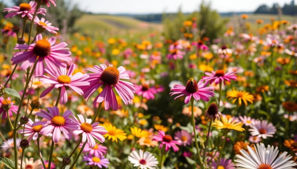 A lush, vibrant garden filled with a stunning array of nectar-rich blooms. In the foreground, a captivating cluster of native perennials sway gently in the breeze, their petals bursting with vivid hues of pink, purple, and yellow. The middle ground is a tapestry of diverse flora, each flower a beacon of nourishment for industrious pollinators. In the background, a softly blurred landscape provides a serene backdrop, allowing the nectar-rich blossoms to take center stage. Warm, natural lighting bathes the scene, lending an inviting, sun-dappled atmosphere. Captured with a wide-angle lens, the image conveys a sense of abundance and vitality, capturing the essence of a thriving, bee-friendly garden.