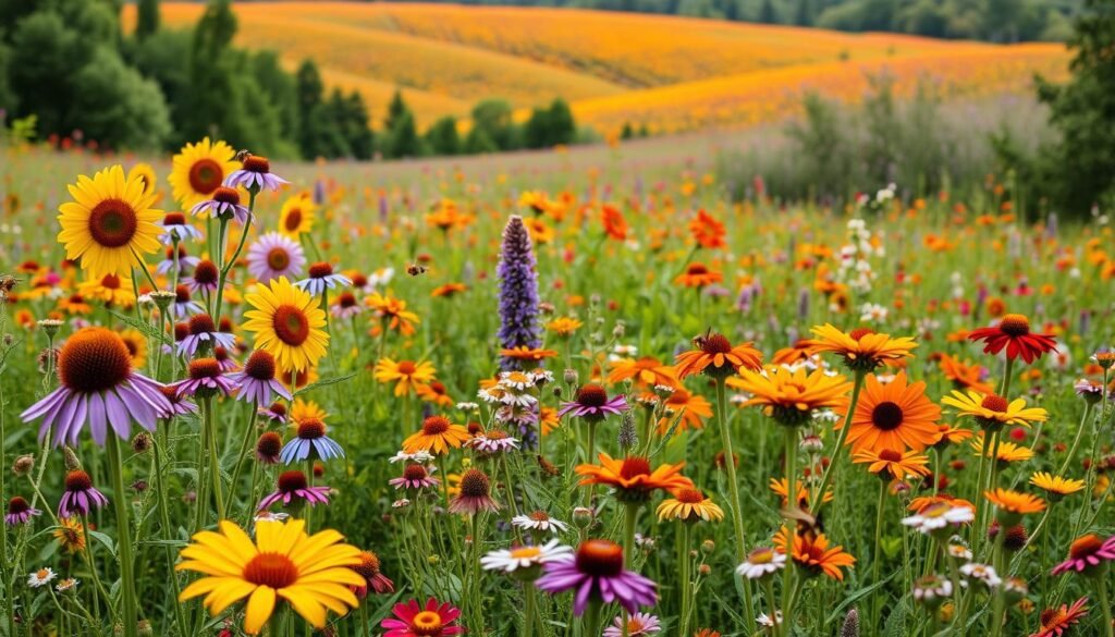 A lush, vibrant meadow filled with a diverse array of native wildflowers in bloom. Towering sunflowers, delicate purple coneflowers, and vibrant orange zinnias create a captivating foreground, with buzzing honeybees and other pollinators darting between the blossoms. In the middle ground, rolling hills blanketed in a tapestry of colorful wildflowers stretch out towards a distant tree line, bathed in the warm, golden light of a summer afternoon. The scene is infused with a sense of tranquility and abundance, perfectly capturing the essence of a thriving, season-long bee forage.