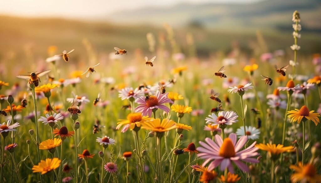 A lush, vibrant meadow in soft, warm lighting. In the foreground, a diverse array of pollinator insects – bees, butterflies, moths, and hummingbirds – gracefully navigating the colorful blooms of wildflowers. The middle ground features a variety of flowering plants, their petals radiating in the gentle breeze. In the background, a serene, out-of-focus landscape provides a tranquil setting. The composition is balanced, with the pollinators and flowers taking center stage, showcasing the intricate relationship between these vital organisms and the healthy, thriving ecosystem they inhabit.