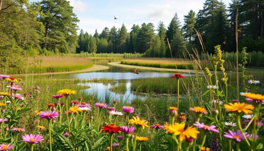 A lush wetland landscape in soft, natural lighting. In the foreground, a bustling pollinator garden with an abundance of vibrant flowers, bees and butterflies in flight. The middle ground features a serene pond, its surface reflecting the sky and surrounding foliage. In the background, a forest of towering trees frames the scene, creating a sense of depth and tranquility. The overall composition conveys the delicate balance and interdependence of the wetland ecosystem, where pollinators play a vital role in maintaining the ecological equilibrium.