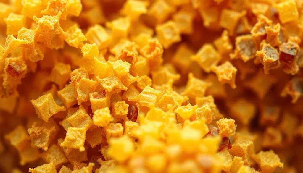 A macro close-up image of pollen grains in various shades of yellow, orange, and brown hues, arranged in a dynamic, organic