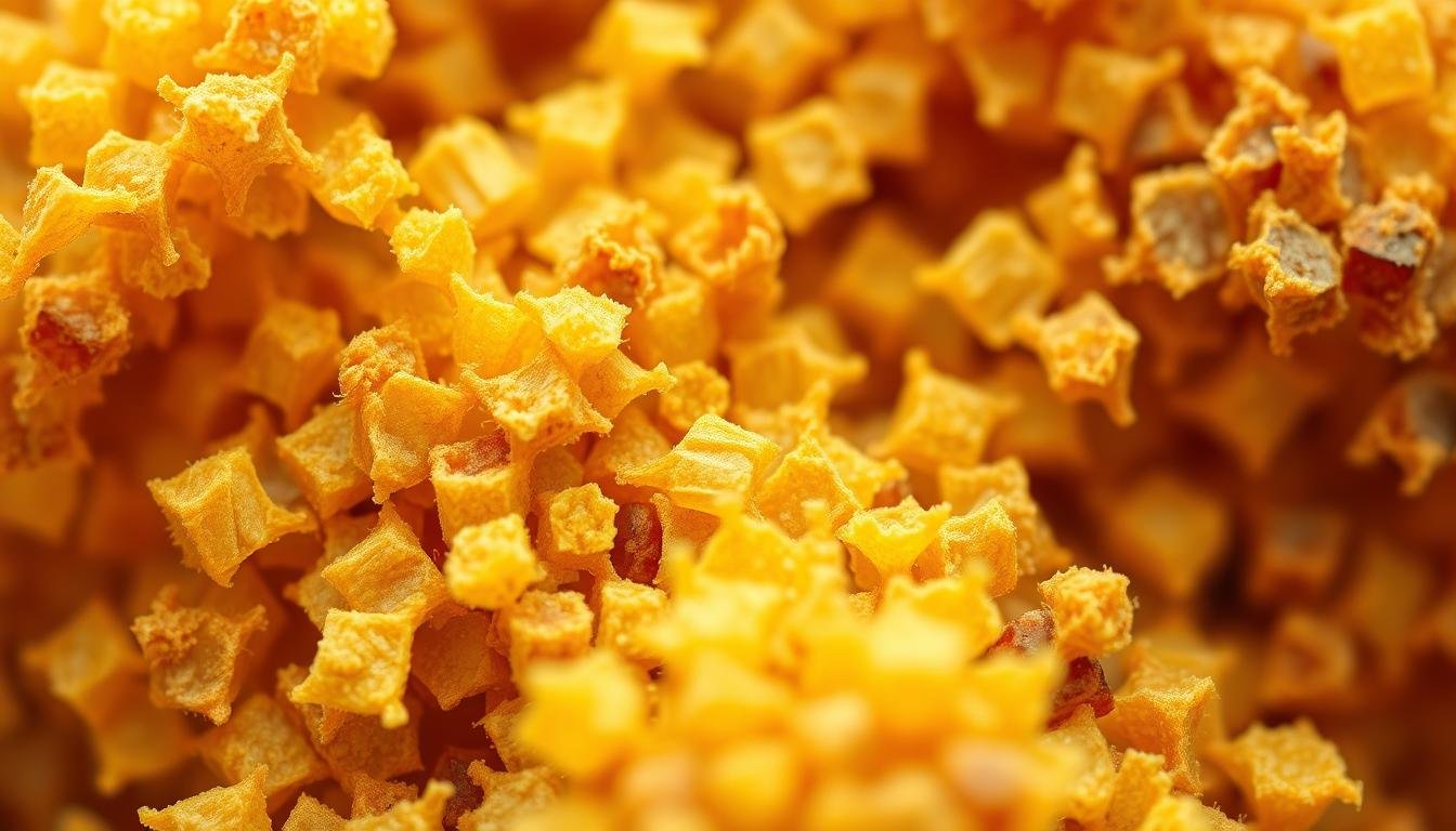 A macro close-up of pollen grains, illustrating the mismatch between the insect-pollinated flower pollen honey bees collect and the wind-pollinated grass and weed pollen that actually causes most seasonal allergy symptoms
