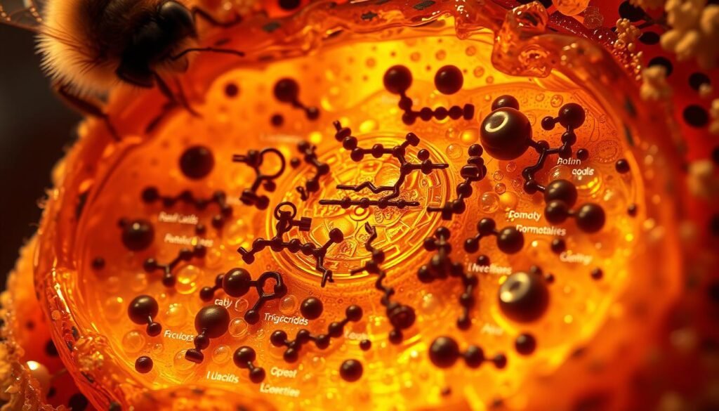 A macro view of the intricate lipid metabolism processes in the honey bee's fat body. A cross-sectional diagram showing the complex network of fatty acids, triglycerides, and other lipids, surrounded by clusters of mitochondria and enzymes. The scene is illuminated by a warm, golden glow, casting subtle shadows that accentuate the organic, textural details. The composition is balanced, with a clear focus on the central lipid structures, while the background maintains a sense of depth and scientific context. The image conveys the essential role of lipids in the honey bee's physiology and energy production.