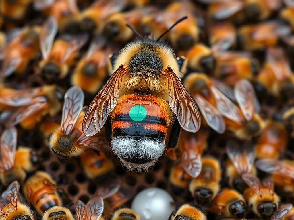 A marked varroa-resistant queen bee surrounded by worker bees, representing genetic approaches to varroa mite control methods in 2025
