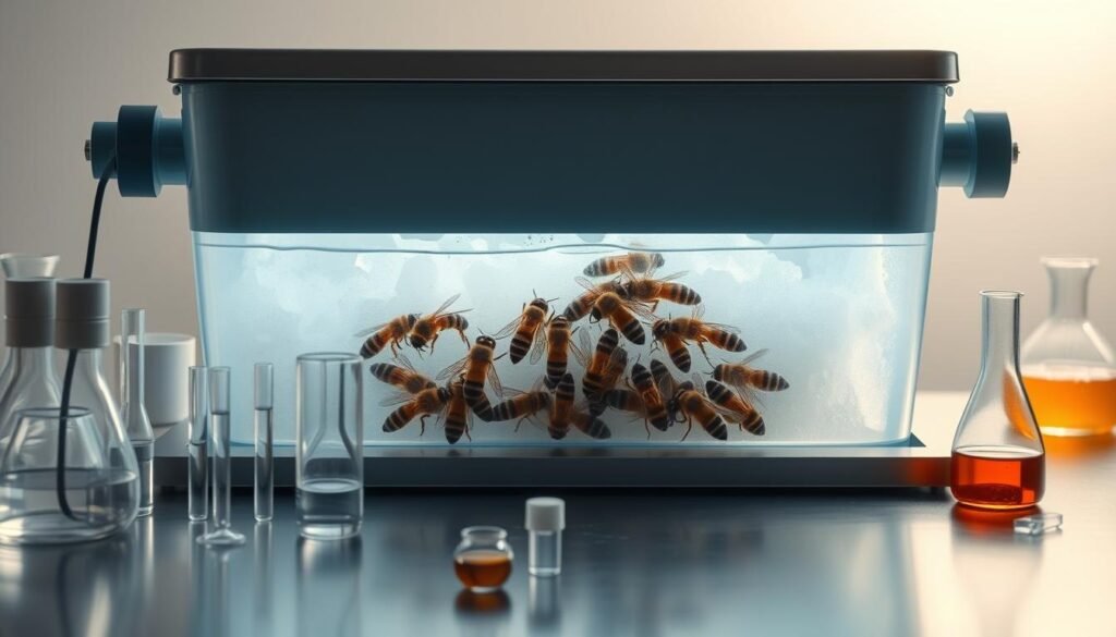 A meticulously designed laboratory setup, showcasing a cryogenic vessel filled with luminous liquid nitrogen. The vessel is positioned on a sleek, stainless steel counter, bathed in soft, diffused lighting that casts subtle shadows, creating a serene and scientific ambiance. The foreground features various laboratory instruments, such as test tubes, pipettes, and beakers, arranged in a purposeful manner, hinting at the ongoing experiment. The middle ground displays a colony of honeybees, their delicate structures and intricate patterns captured in crisp detail, as they interact with the frigid liquid nitrogen, a crucial step in the hygienic trait testing process. The background subtly blends into a clean, minimalist environment, emphasizing the clinical and controlled nature of the scene.