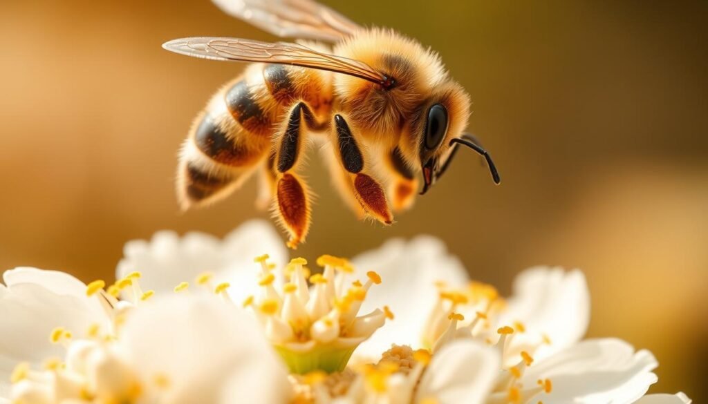A meticulously detailed macro view of a honey bee's pollen gathering workflow. In the foreground, a worker bee hovers over a flower, its hairy legs and abdomen dusted with vibrant golden pollen grains. In the middle ground, a cluster of flowers bloom in soft natural light, their petals gently swaying. The background depicts a hazy, out-of-focus honeycomb structure, hinting at the larger context of the pollination process. The scene is captured with a shallow depth of field, emphasizing the delicate, intricate nature of this crucial ecological function. The lighting is warm and diffused, evoking a sense of tranquility and the cyclical rhythm of nature.