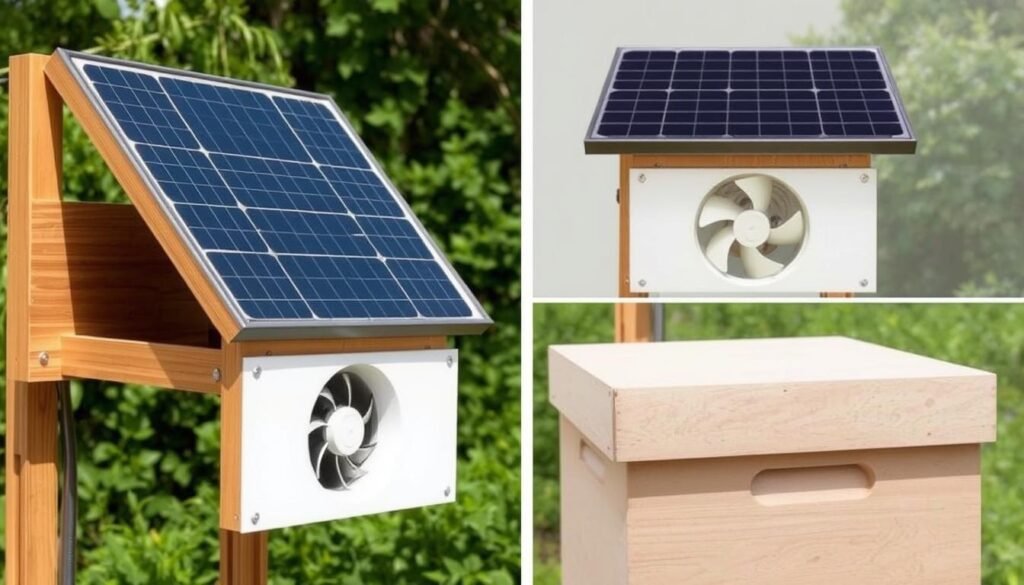 A meticulously engineered solar-powered hive ventilator, featuring a sleek array of photovoltaic panels mounted atop a sturdy wooden frame. The panels capture sunlight, powering a discreet, high-efficiency electric fan that draws warm, stale air from the hive's interior, promoting airflow and maintaining optimal temperature and humidity levels for the colony. The entire assembly is situated amidst a lush, verdant backdrop, seamlessly blending form and function to create an elegant, sustainable solution for hive health and ventilation.