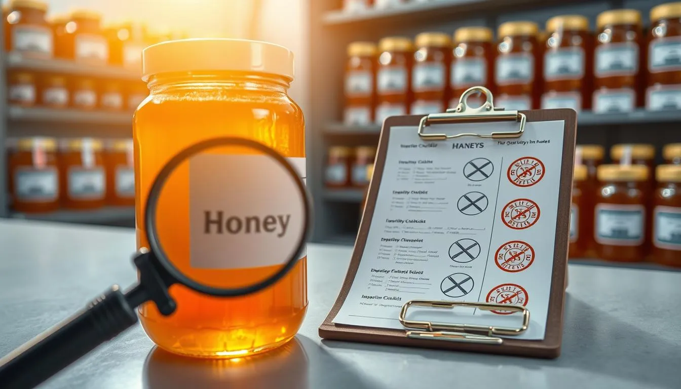 A meticulously inspected and labeled jar of high-quality honey, illuminated by warm, golden lighting