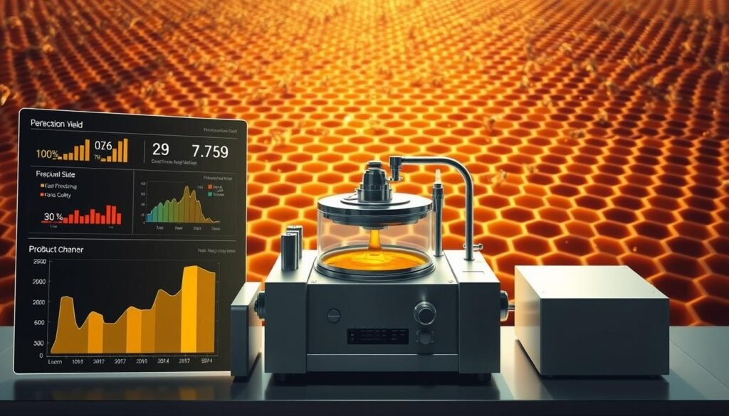A meticulously rendered set of performance benchmarks showcasing the efficiency, precision, and product quality of automated honey extraction technologies. In the foreground, a sleek dashboard with intuitive visualizations tracking key metrics like extraction yield, flow rate, and purity levels. The middle ground features an array of precision instrumentation arrayed around a state-of-the-art extraction chamber, captured in crisp detail with dramatic side lighting. In the background, a vast honeycomb pattern stretches to the horizon, evoking the natural elegance and complexity of the apiary. The overall tone is one of clinical professionalism, conveying the rigorous scientific approach underpinning these advanced honey production systems.