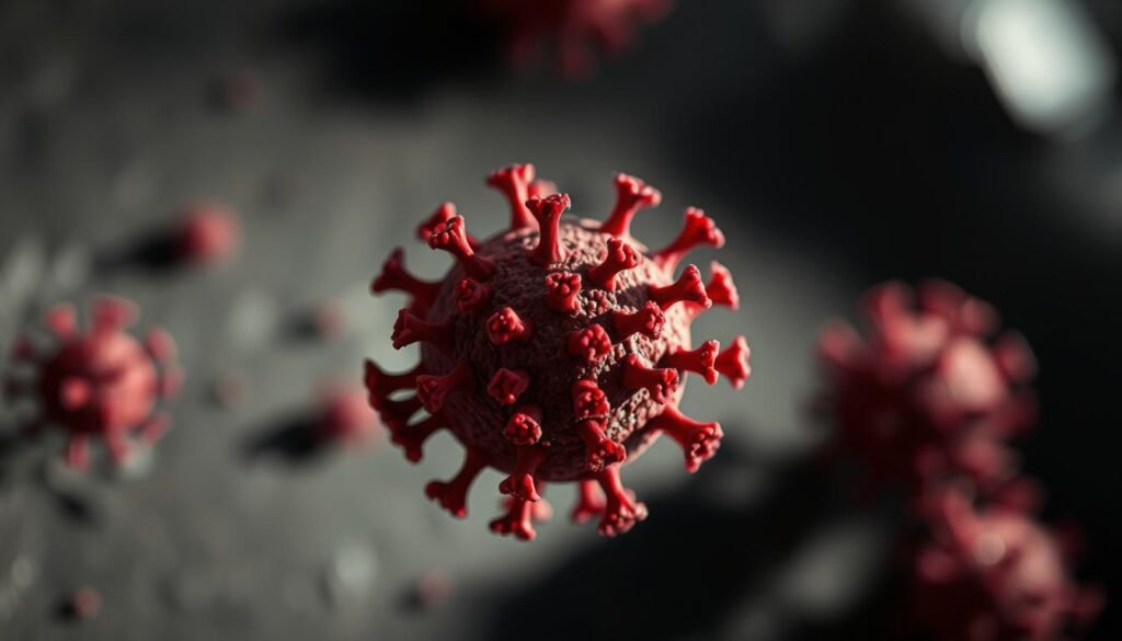 A microscopic view of the deformed wing virus, its misshapen and asymmetrical structure casting an ominous shadow. The viral particles appear to be a deep, menacing red, with irregular protrusions and a textured, almost crystalline surface. The background is blurred, creating a sense of isolation and focus on the pathogenic details. Dramatic lighting from the side accentuates the virus's sinister, three-dimensional form, while a shallow depth of field draws the viewer's gaze directly to the unsettling irregularities of this disease-causing agent.