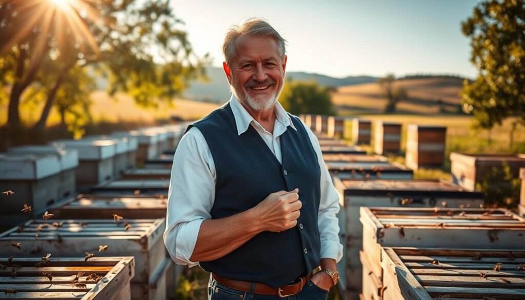A middle-aged man in a crisp white shirt and navy blue vest stands confidently among rows of beehives, his weathered face exuding authority and expertise. Warm afternoon sunlight filters through the trees, casting a golden glow over the scene. The man's hands are calloused, a testament to his years of dedicated beekeeping. Around him, buzzing honeybees flit between the hives, their industrious movements a visual metaphor for his role as the 'EAS Master Beekeeper'. The background is a pastoral landscape, with rolling hills and a clear blue sky, suggesting the tranquil setting of his apiary. This image conveys the dedication, knowledge, and passion of a true master of the craft of professional beekeeping.