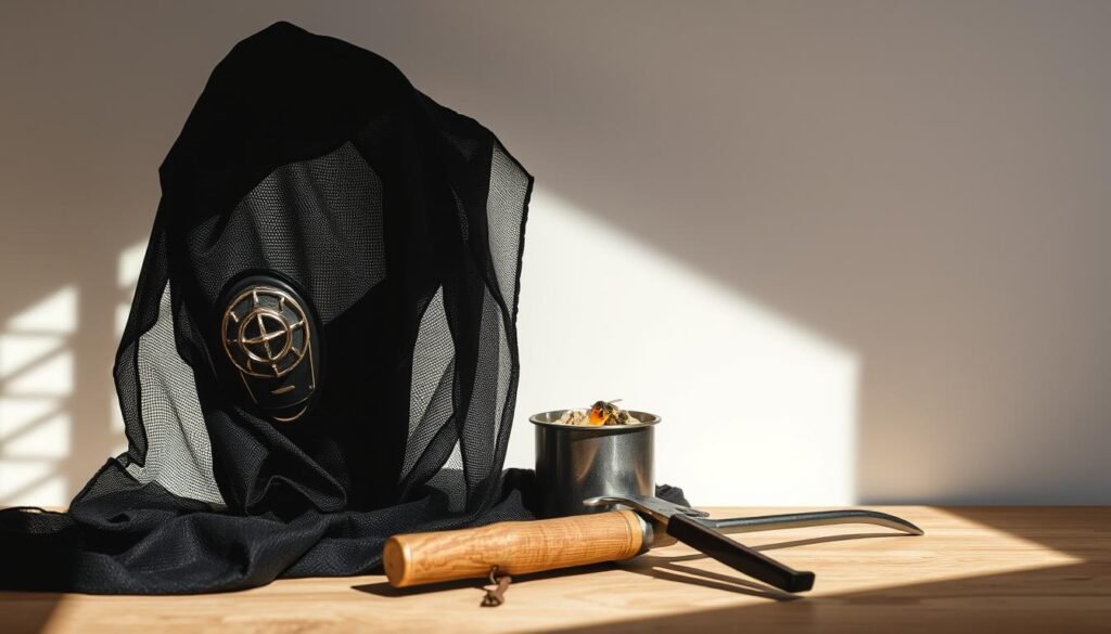 A minimalist arrangement of a black veil with a simple beekeeping mask, a metal smoker with a glowing ember, and a sturdy hive tool resting on a wooden surface. The scene is illuminated by soft, even natural lighting, casting gentle shadows and highlights that emphasize the textures and forms of the tools. The overall atmosphere is one of quiet focus and purposeful simplicity, reflecting the essential nature of these beekeeping essentials.