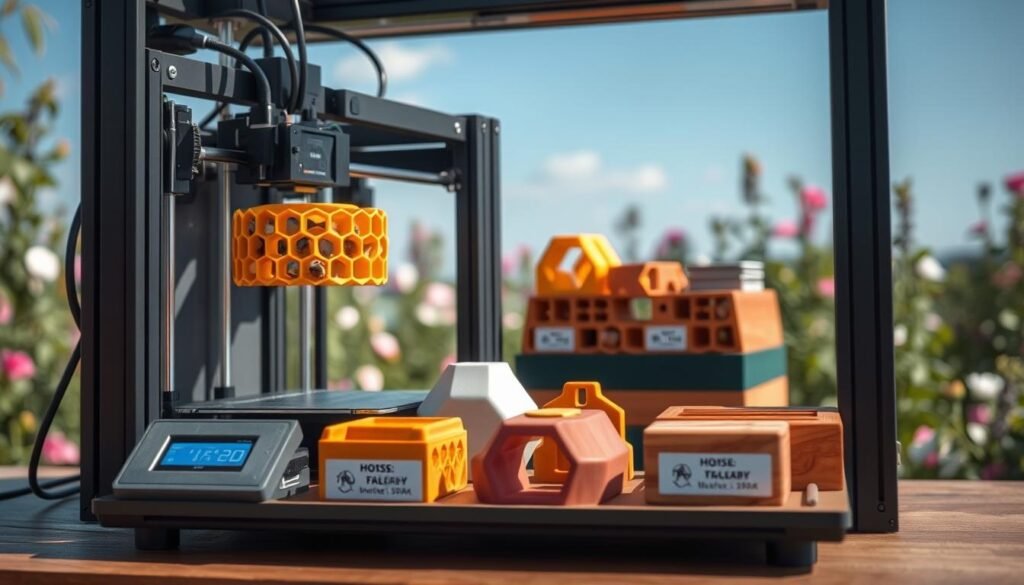 A modern 3D printing setup showcasing intricate hive components designed for apiaries, with focus on a durable, outdoor-friendly design. In the foreground, a 3D printer with a sleek, industrial look is actively printing a honeycomb-patterned hive piece, showcasing vibrant colors that mimic natural materials like wood and wax. In the middle ground, various finished hive components are displayed with labels indicating their specifications for bee safety and durability. The background features an outdoor setting with flowering plants and a clear blue sky, emphasizing a connection to nature. Soft, natural lighting enhances the textures of the materials, while a slight depth of field draws attention to the printer and components, creating a serene and professional atmosphere.