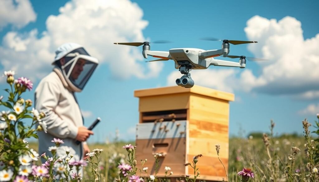 A modern beekeeper in professional attire stands in an open field, inspecting a beehive with a drone hovering above, capturing detailed images of the hive's interior. The foreground features the beekeeper, focused and equipped with protective gear, an inspection tool in hand, surrounded by blooming flowers. In the middle ground, the wooden hive is prominently displayed, painted in soft yellow and white hues, with bees actively flying around. The drone, sleek and innovative, is shown in an aerial perspective, with its camera angled downward, showcasing the hive's structure. In the background, a clear blue sky with fluffy white clouds enhances the scene's tranquility. The lighting is bright and natural, emphasizing the vibrant colors of nature, creating a mood of innovation and harmony between technology and nature.