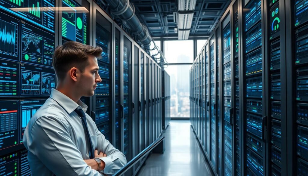 A modern data storage facility filled with sleek server racks and powerful computer systems, showcasing an organized and efficient environment. In the foreground, a professional-looking data scientist in business attire examines digital displays filled with analytics and performance metrics. The middle ground features rows of servers, glowing blue and green LED lights indicating active performance, surrounded by cables and data management tools. The background includes large windows allowing natural light to filter in, with a cityscape visible outside, conveying a sense of connectivity and advancement. Soft, diffused lighting highlights the technological elements, creating a calm yet focused atmosphere that reflects the meticulous nature of data storage and performance mechanics.