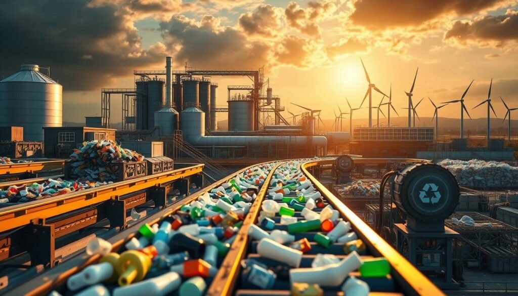A modern, industrial landscape showcasing various plastic waste management systems. In the foreground, an automated conveyor belt sorting different types of plastic waste. In the middle ground, a large processing facility with silos and pipes, hinting at recycling and repurposing operations. In the background, wind turbines and solar panels, symbolizing sustainable energy powering the circular economy. The scene is illuminated by warm, directional lighting, casting dramatic shadows and highlighting the intricate machinery. The overall atmosphere conveys a sense of efficient, technology-driven solutions to the plastic pollution crisis.