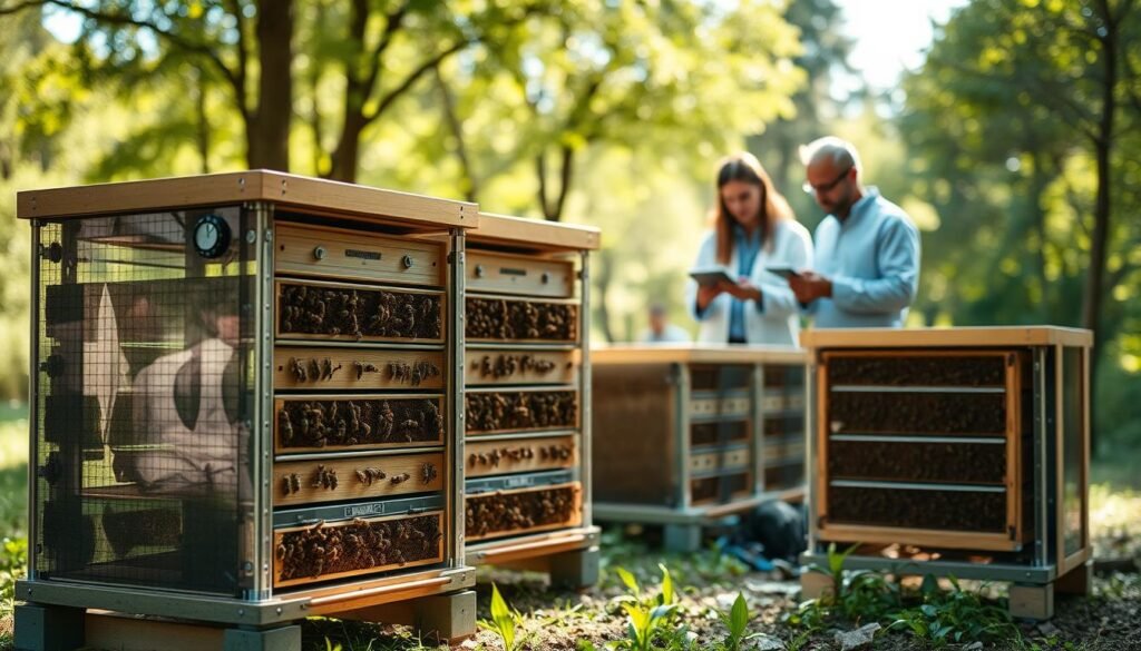 A modular hive system designed for research sits prominently in the foreground, showcasing its intricate architecture and integrations with advanced sensors and data loggers. Each hive is composed of sleek, transparent panels allowing visibility into the organized frames within, filled with buzzing bees. In the middle ground, researchers in professional attire carefully examine the hives and monitor data on tablets, emphasizing a collaborative atmosphere. The background features a serene outdoor setting with gentle sunlight filtering through trees, casting dappled shadows on the ground, creating a warm and inviting mood. The scene is captured with a shallow depth of field, allowing the hives to sharply stand out against the soft blurred surroundings, highlighting the innovative design and functionality of the modular system.