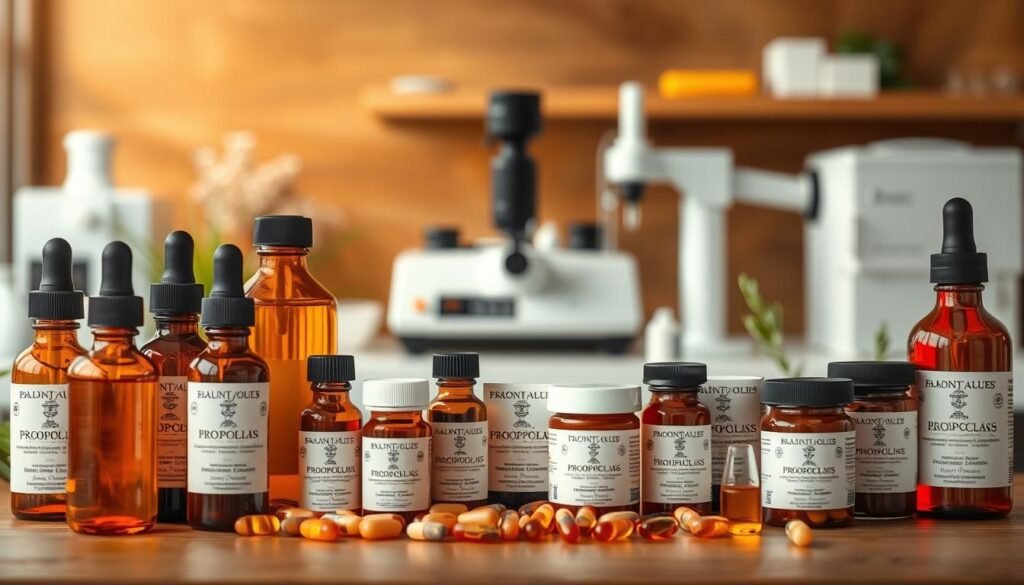 A neatly arranged display of various propolis products, including tinctures, ointments, and capsules, set against a warm, natural backdrop. The foreground features an assortment of amber-colored bottles and jars, their contents reflecting the rich, resinous hue of the propolis extracts. In the middle ground, a clean, modern workspace with laboratory equipment subtly hints at the careful, scientific processes involved in creating these high-quality products. The background evokes a sense of tranquility, with soft, diffused lighting and gentle natural elements, such as wooden surfaces or greenery, to convey the organic, holistic nature of the propolis-based offerings. The overall composition suggests a professional, yet approachable presentation of the diverse applications and benefits of propolis for the U.S. market.