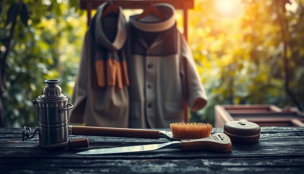 A neatly organized collection of beekeeping tools, backlit by warm, diffuse lighting. In the foreground, a pristine smoker, hive tool, and bee brush sit atop a weathered wooden surface. In the middle ground, a modern bee suit, gloves, and veil hang from a wooden rack, conveying a sense of preparedness. The background fades into a softly blurred scene of lush, verdant foliage, evoking the natural setting of a thriving beehive. The overall mood is one of professionalism, attention to detail, and a deep respect for the craft of apiculture.