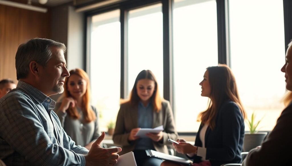 A peaceful, collaborative conference room setting where a group of individuals are engaged in earnest discussion. The warm, natural lighting filters through large windows, casting a soft glow on the participants. In the foreground, two people are intently listening and gesturing, while in the middle ground, others are taking notes and sharing ideas. The overall atmosphere conveys a sense of open communication, empathy, and a shared commitment to finding a mutually agreeable solution. The room is furnished with modern, minimalist decor that promotes a sense of calm and productivity.
