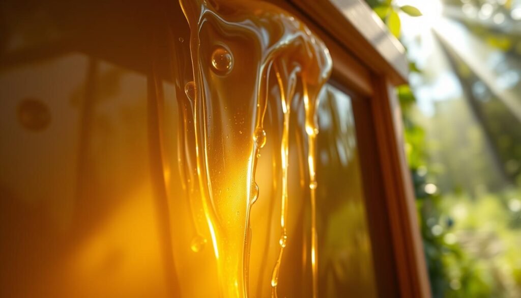 A peaceful, sun-dappled flow of golden honey cascading through the transparent panels of a modern flow hive. Crystalline droplets glisten in the soft, diffused light, highlighting the fluid, viscous texture of the honey as it courses downward. The hive's wooden frame is elegantly crafted, blending seamlessly with the natural environment. Gentle beams of sunlight filter through the surrounding foliage, casting a warm, ambient glow over the scene. The overall impression is one of tranquility, efficiency, and the harmonious coexistence of bees and beekeepers. A peaceful, sun-dappled flow of golden honey cascading through the transparent panels of a modern flow hive. Crystalline droplets glisten in the soft, diffused light, highlighting the fluid, viscous texture of the honey as it courses downward. The hive's wooden frame is elegantly crafted, blending seamlessly with the natural environment. Gentle beams of sunlight filter through the surrounding foliage, casting a warm, ambient glow over the scene. The overall impression is one of tranquility, efficiency, and the harmonious coexistence of bees and beekeepers.