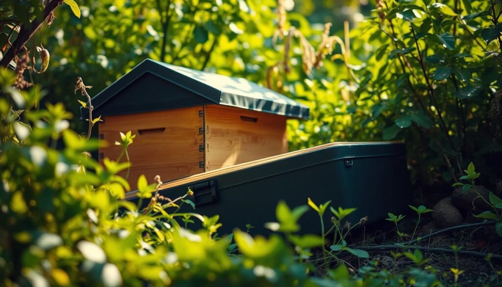 A portable, insulated beehive nestled in a lush, verdant landscape. The hive's exterior is crafted from durable, weatherproof materials, its form streamlined for easy transport. Soft, diffused sunlight filters through the foliage, casting a warm glow on the hive's surface. The scene exudes a sense of tranquility and harmony, inviting the viewer to imagine the self-sufficient, travel-friendly nature of this beginner-friendly beekeeping setup. A close-up perspective emphasizes the hive's compact, modular design, highlighting the features that make it an ideal choice for aspiring apiarists on the move.