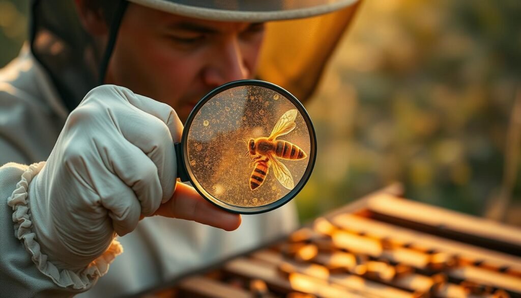 A professional beekeeper examining a varroa mite infestation under a magnifying glass, set against a backdrop of a beehive with frames of honeycomb. The image is lit by a warm, golden glow, capturing the intricate details of the varroa mite and the beekeeper's focused expression. The composition emphasizes the importance of monitoring varroa levels, with the beekeeper's hand and the magnifying glass occupying the foreground, the hive and honeycomb in the middle ground, and a blurred apiary setting in the background, conveying a sense of the beekeeper's dedication to IPM decision-making.