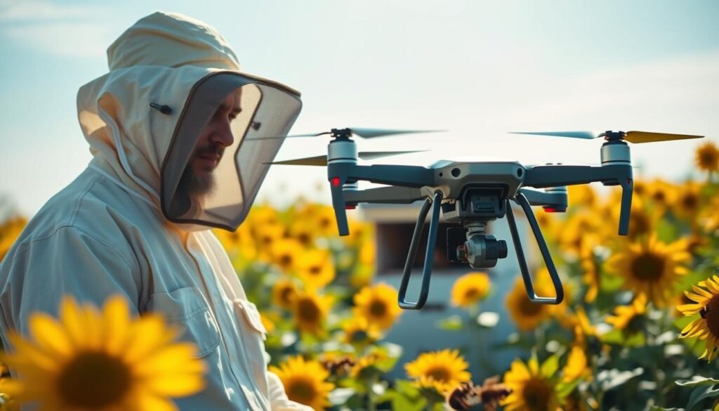 A professional beekeeper in a full protective suit, complete with a veiled hat, inspecting a high-tech hive inspection drone amid a vibrant sunflower field. In the foreground, the beekeeper is focused on the drone's display, showing real-time data and images of the hive, emphasizing safety and efficiency. The middle ground features the hive, well-maintained and surrounded by bees buzzing busily. The background showcases a clear blue sky with soft, diffused sunlight illuminating the scene, creating a serene and safe atmosphere. The angle captures the beekeeper's attentive expression, highlighting the importance of safety in modern beekeeping practices, while maintaining a sense of professionalism and technological advancement.