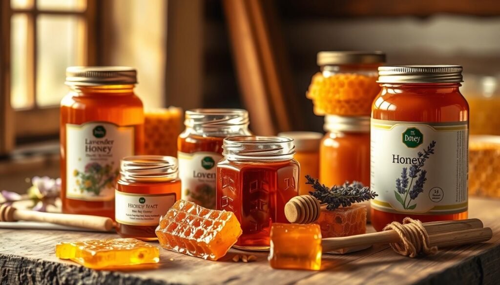 A professional, well-lit photographic still life depicting a variety of honey jars and honeycombs artfully arranged on a rustic wooden table. The jars feature distinct honey types such as wildflower, clover, and lavender, showcasing the diverse market trends in the honey industry. Warm, golden lighting from a side window casts soft shadows, highlighting the rich textures and natural hues of the honey and its containers. The composition focuses on the foreground, with the middle ground containing additional honeycombs and the background blurred to create a sense of depth and draw the viewer's attention to the products. The overall mood is one of quality, authenticity, and the artisanal nature of small-scale honey production.