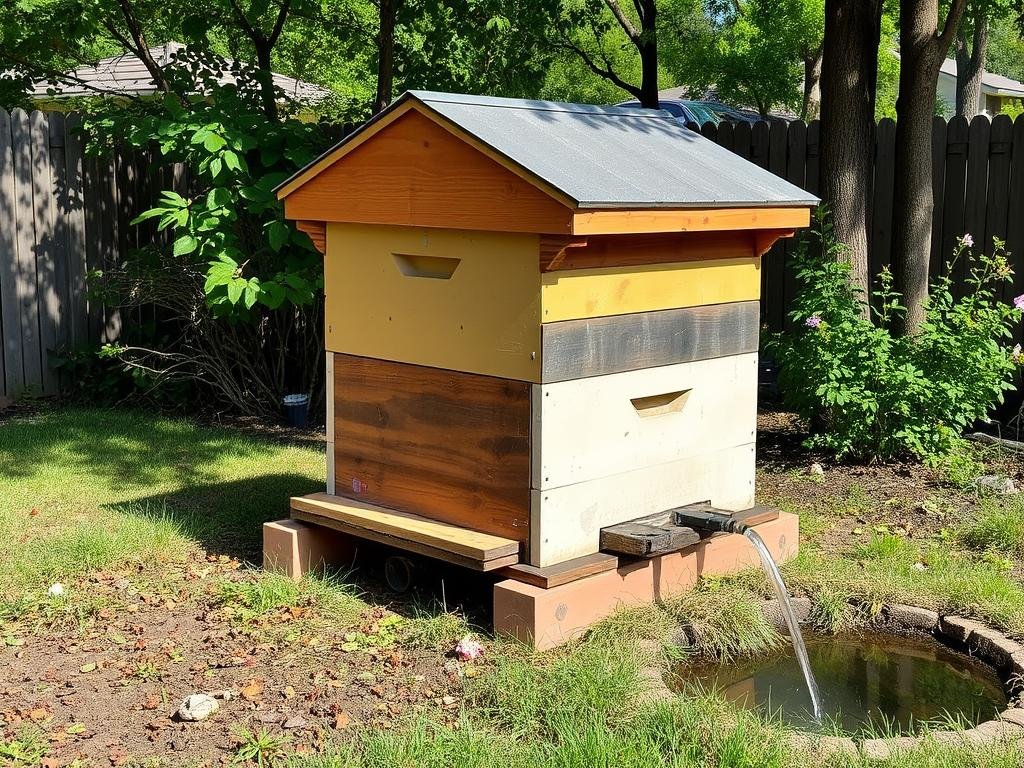 A properly set up urban beehive in a Texas backyard with appropriate distance from property lines