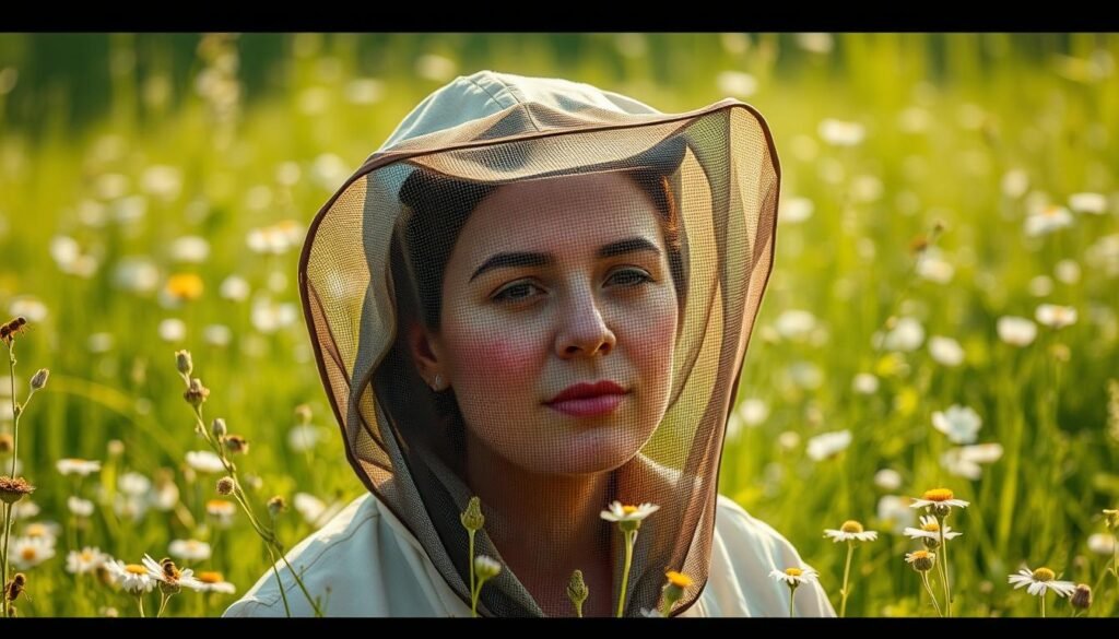 A protective jacket veil, a mesh-like shield that covers the wearer's head and shoulders, designed to shield beekeepers from curious stings. Floating in a serene, verdant meadow, the veil appears lightweight yet sturdy, casting a gentle shadow over the face. Delicate wildflowers sway in a soft breeze, creating a tranquil, pastoral atmosphere. Warm, diffused sunlight filters through the fabric, illuminating the intricate mesh pattern. The veil's neutral tones blend seamlessly with the natural surroundings, conveying a sense of harmony between the beekeeper and their environment. This essential piece of protective equipment ensures the wearer's safety while maintaining a connection to the natural world of the hive.