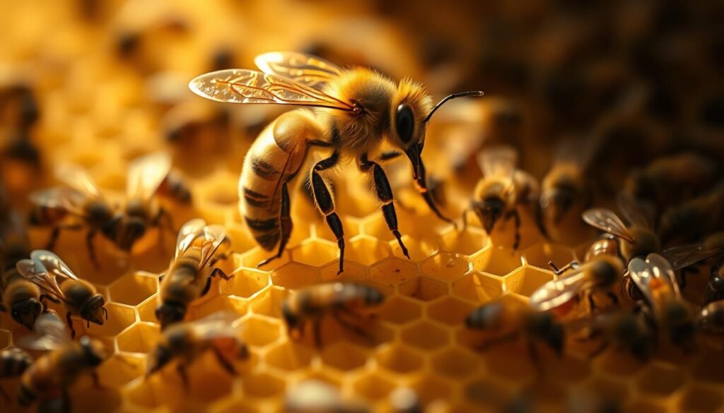 A regal honey bee queen, her slender body adorned with a lustrous golden abdomen, perched atop a freshly constructed honeycomb. Bathed in warm, soft lighting, she commands attention with an air of authority and poise. The hive buzzes with activity around her, a symphony of industrious worker bees tending to the delicate cells. The scene evokes a sense of renewal, a new chapter in the colony's lifecycle, captured with a cinematic, macro-lens perspective that highlights the queen's vital role in the hive's continuous regeneration.